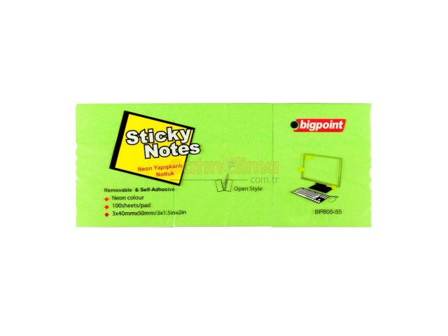 BİGPOİNT YAPIŞKANLI NOT KAĞIDI 3LÜ 40X50MM NEON YEŞİL X 4 PAKET