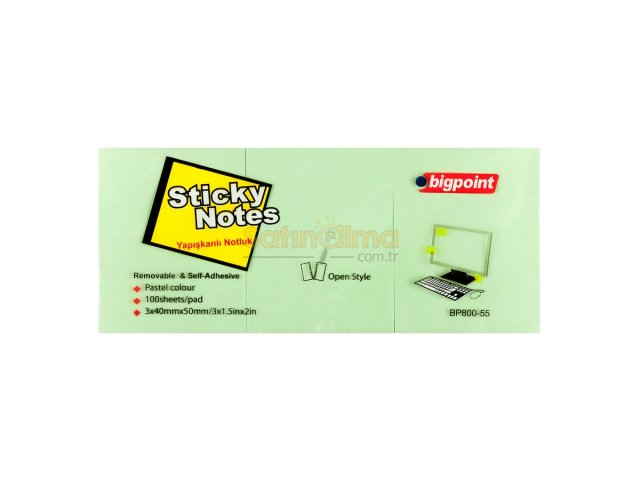 BİGPOİNT YAPIŞKANLI NOT KAĞIDI 3LÜ 40X50MM YEŞİL X 4 PAKET