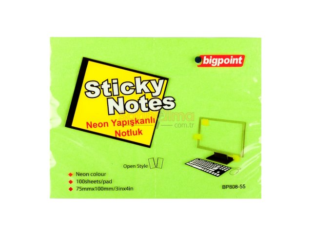 BİGPOİNT YAPIŞKANLI NOT KAĞIDI 75X100MM NEON YEŞİL X 12 ADET