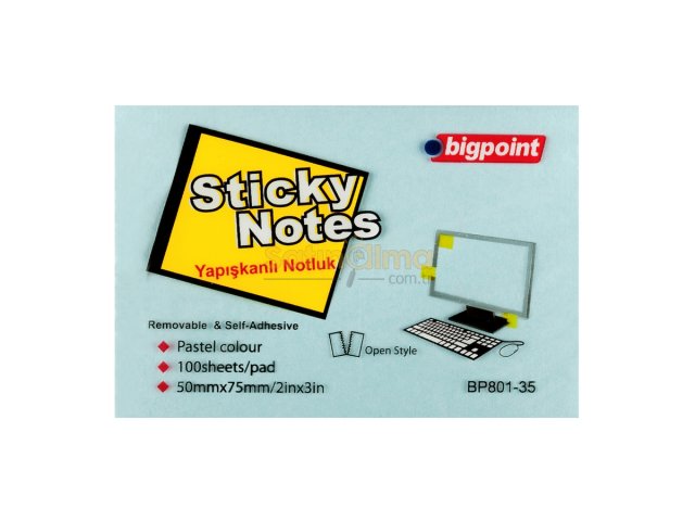 BİGPOİNT YAPIŞKANLI NOT KAĞIDI 75X50MM MAVİ X 12 ADET