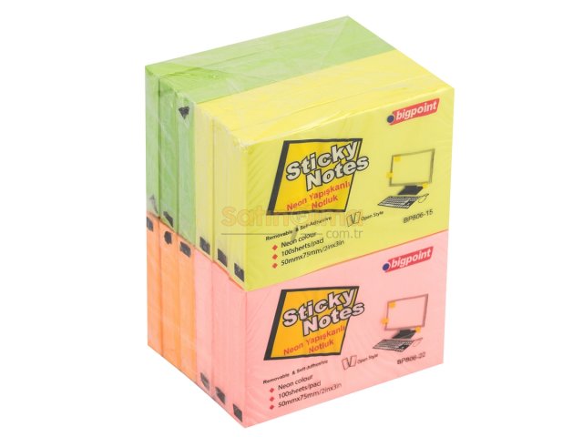 BİGPOİNT YAPIŞKANLI NOT KAĞIDI 75X50MM NEON 4 RENK X 12 ADET