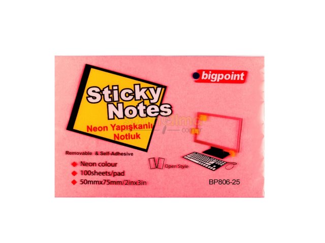BİGPOİNT YAPIŞKANLI NOT KAĞIDI 75X50MM NEON KIRMIZI X 12 ADET