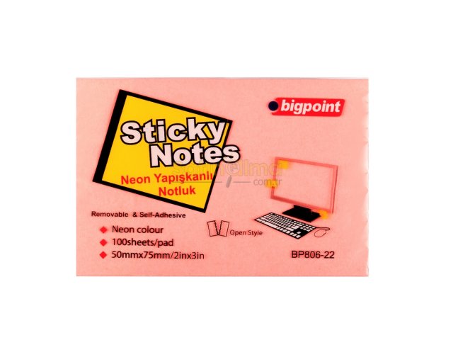 BİGPOİNT YAPIŞKANLI NOT KAĞIDI 75X50MM NEON PEMBE X 12 ADET