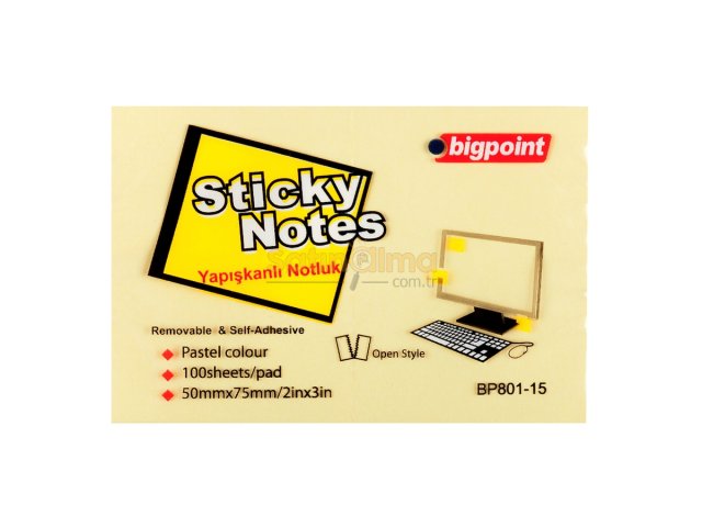 BİGPOİNT YAPIŞKANLI NOT KAĞIDI 75X50MM SARI X 12 ADET