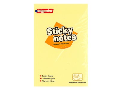 BİGPOİNT YAPIŞKANLI NOT KAĞIDI DÜZ 100X150MM SARI X 6 ADET